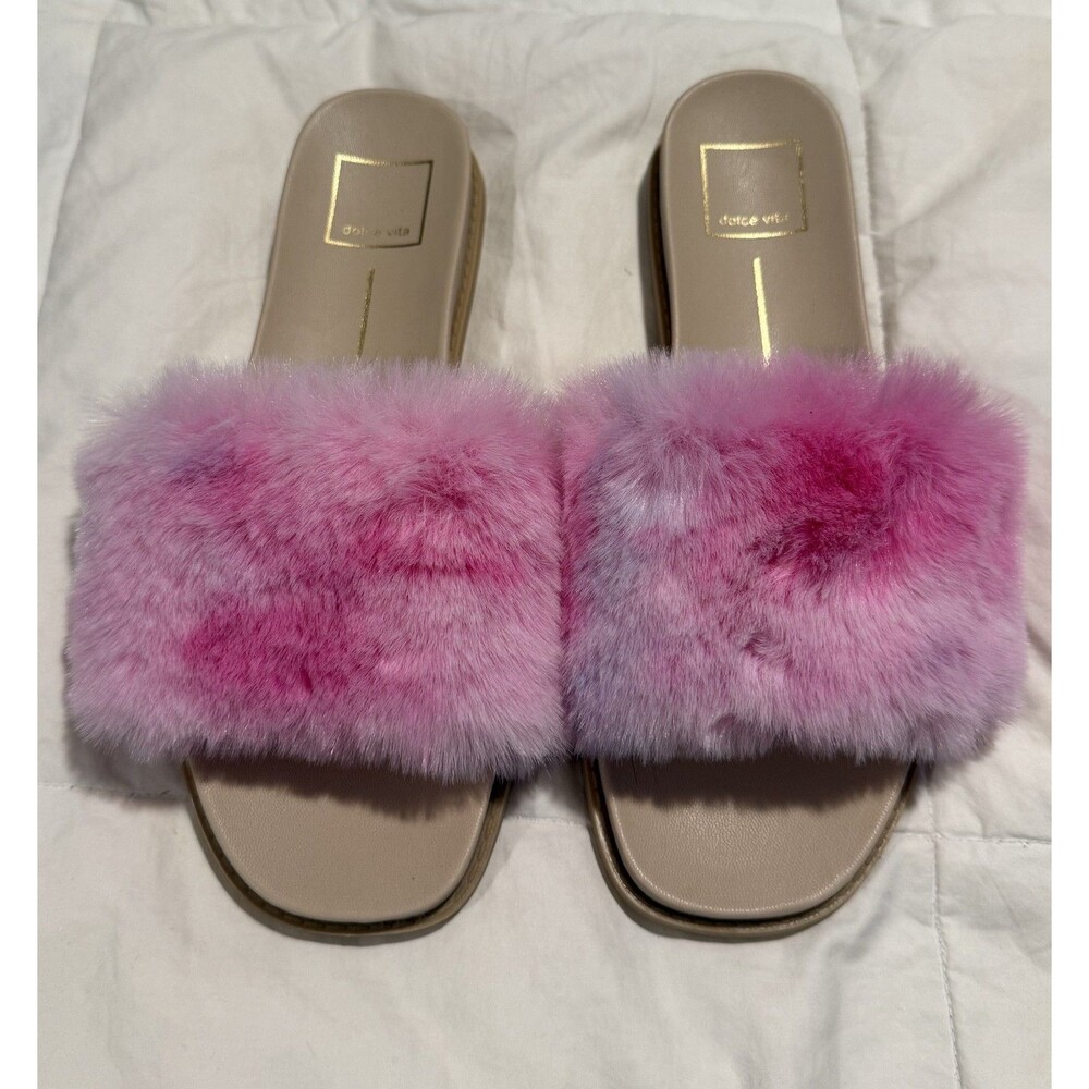 Dolce Vita Georga Faux Fur Slide Sandal Pink Tie-Dye Flat Heel